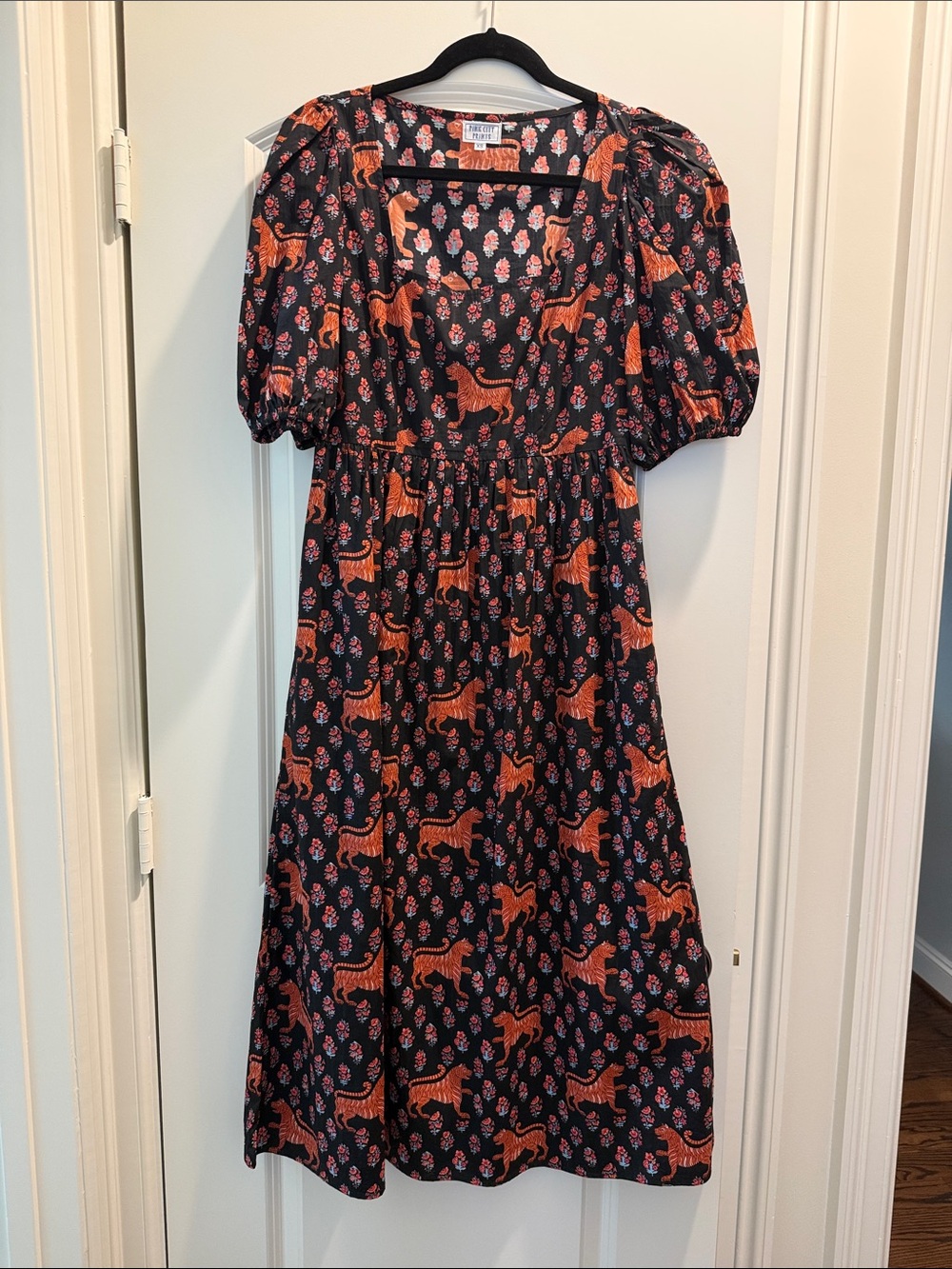 Pink City Prints Black Midi Dress with Orange Tiger Motif and Puff Sleeves